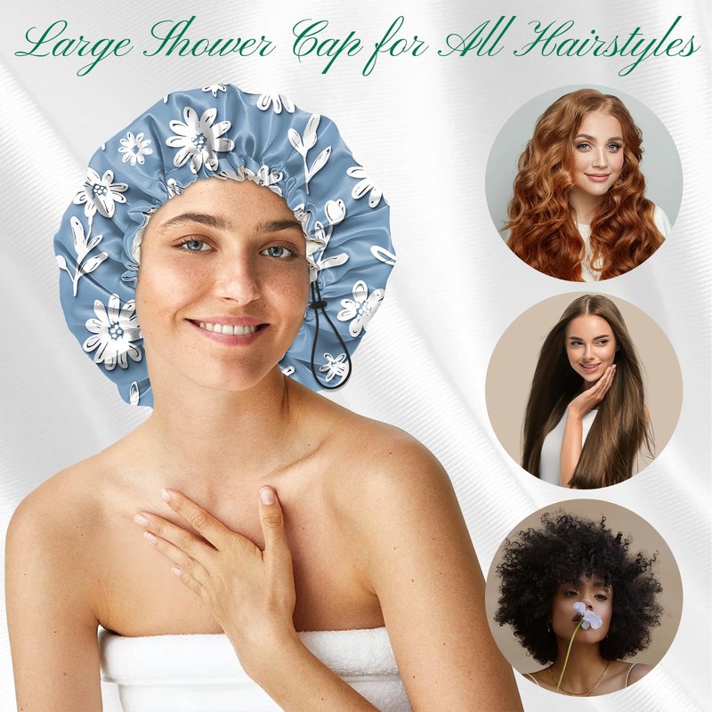 BHAHB 2 PCS Shower Cap Waterproof Double Layer Elastic Adjustable Reusable Hair Bath Caps for Girls Women Cute Aesthetic-Blue White