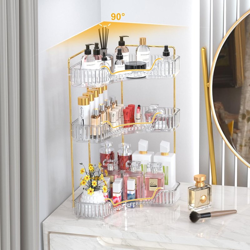 3-Tier Corner Bathroom Organizer - Large Capacity Makeup & Skincare Storage | Clear