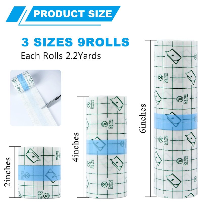 Emalla 9 Rolls Second Skin Tattoo Cover, Waterproof Tattoo Aftercare Bandage Breathable Tattoo Cover Up Patch Tape Tattoo Film 2", 4", 6" x 2.2 Yard Tattoo Supplies for Healing Wrap Swimming Shower