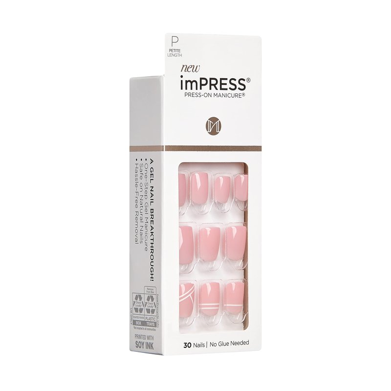KISS imPRESS No Glue Mani Press On Nails, Design, 'Timeless Day', Pink, Petite Size, Squoval Shape, Includes 30 Nails, Prep Pad, Instructions Sheet, 1 Manicure Stick, 1 Mini File