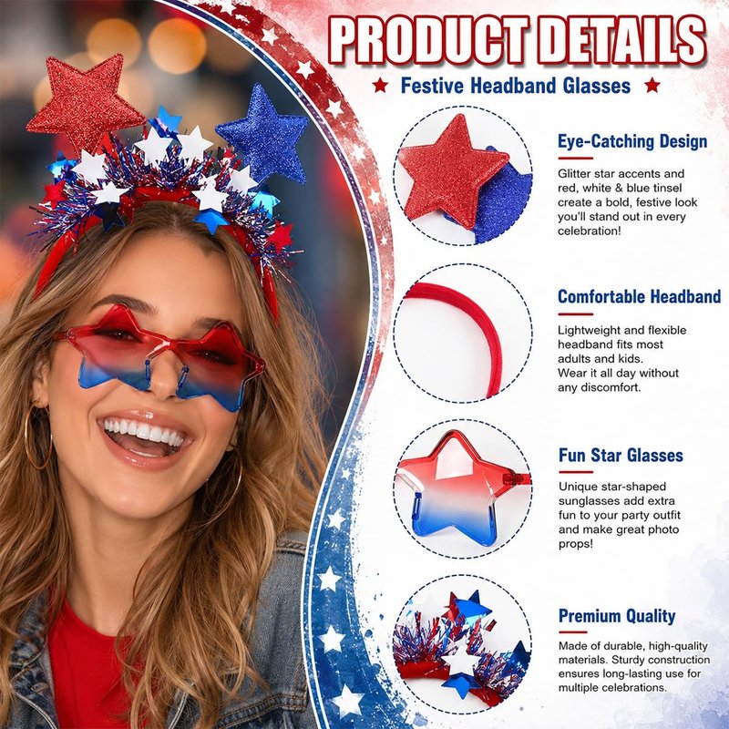 4th of July Patriotic Headband and Star Sunglasses Set Red White Blue Glitter Star Headband with Tinsel Independence Day Accessories for Women Novelty Glasses for 250th Anniversary Parade Photo Booth