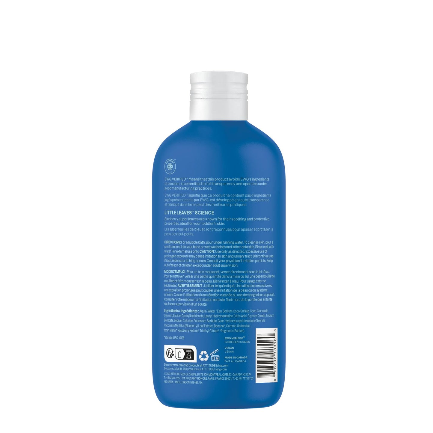 Attitude Bubble Wash for Kids, Hair Shampoo and Body Soap, EWG Verified, Plant- and Mineral-Based, Vegan, Blueberry, 16 Fl Oz