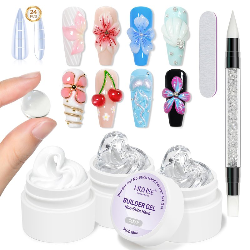 MIZHSE 3PCS 3D Sculpting Gel Nail Art, Clear White 5 in 1 Solid Builder Gel Set Hard Gel for Nails Non-Sticky U V LED Molding Building Gel with Dual Forms for Beginners Salon Home DIY Travel Size