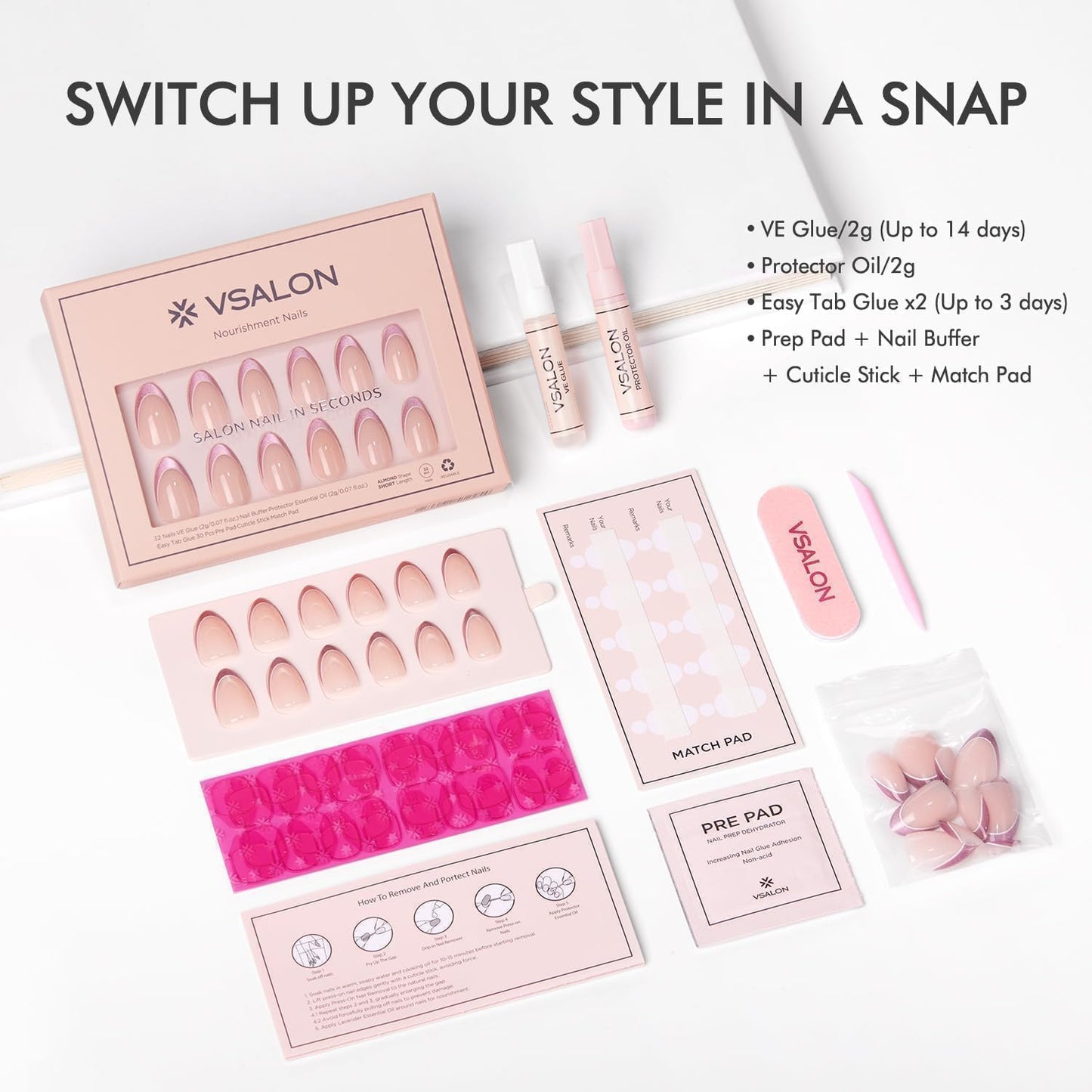VSALON Short Almond French Tip Press On Nails, Pink Glitter Chrome Finish Clean Look, Reusable Salon Quality Gel False Nails Kit with Glue - 32 pcs Fake Nails in 16 Sizes
