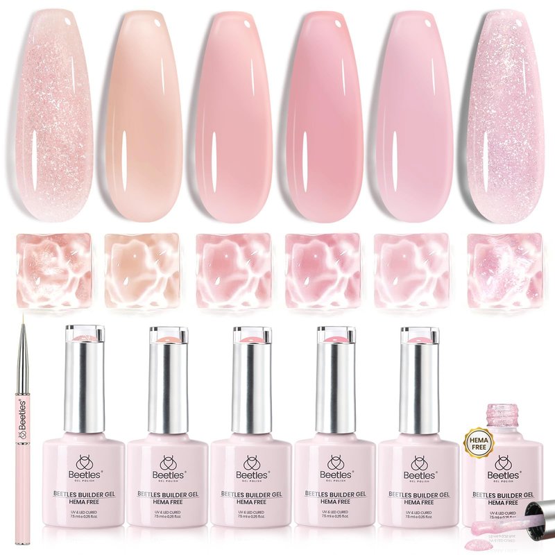 Beetles Builder Gel Nail Kit HEMA-FREE&TPO FREE-Muted Bloom 6 Colors Jelly Pink Glitter Building Gel,8 in 1 Strengthening Building Instant Apex & Extension for Beginner DIY Salon,UV LED Lamp Need