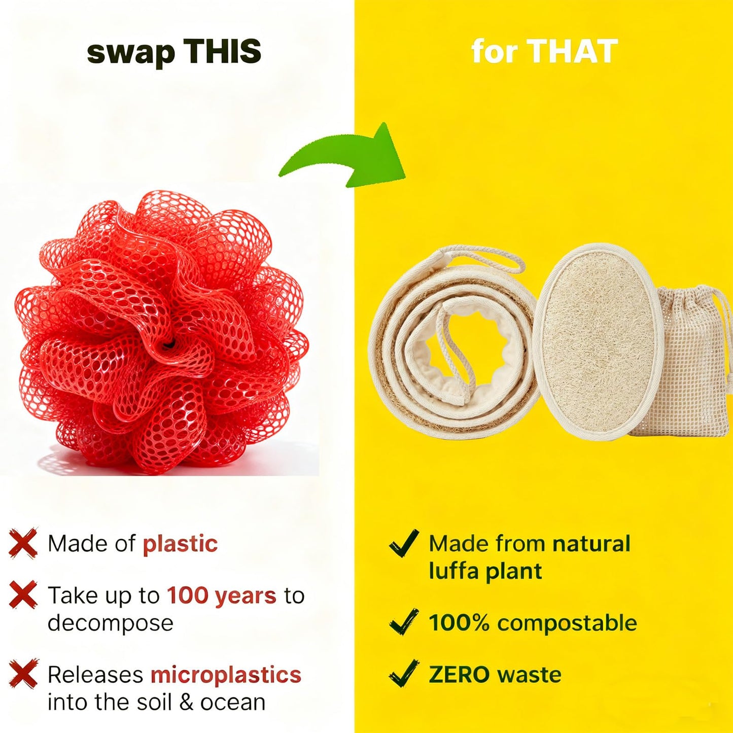 JouiiSiYa Natural Loofah Back Scrubber for Shower for Men and Women, Exfoliating Loofah Sponge with Soap Saver (1Back+1Pad+1Bag)