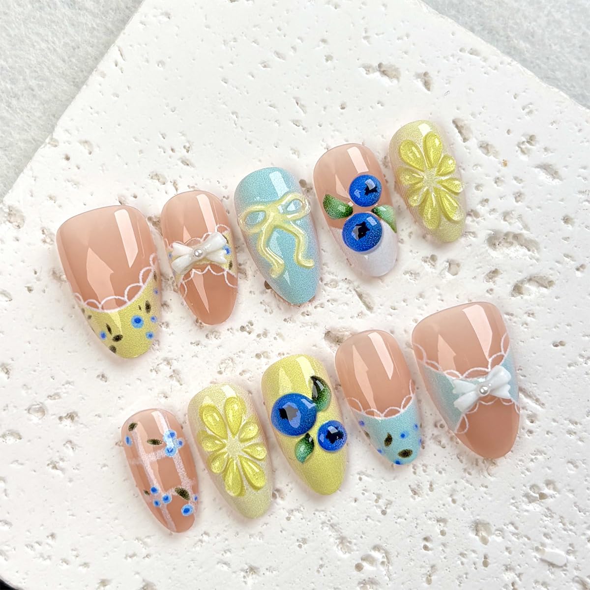 Spring French Tip Press On Nails - 30 Pcs Short Almond Shape 3D Lemon Blueberry Bow | Reusable Acrylic Summer Fruit Themed