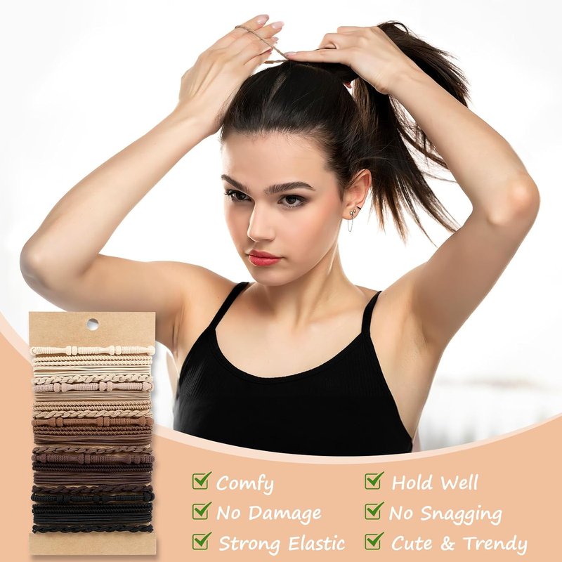 Boho Hair Ties - 20 PCS No-Damage Elastic Bands for Thick or Thin Hair | Cute Brown Hair Accessories for Women