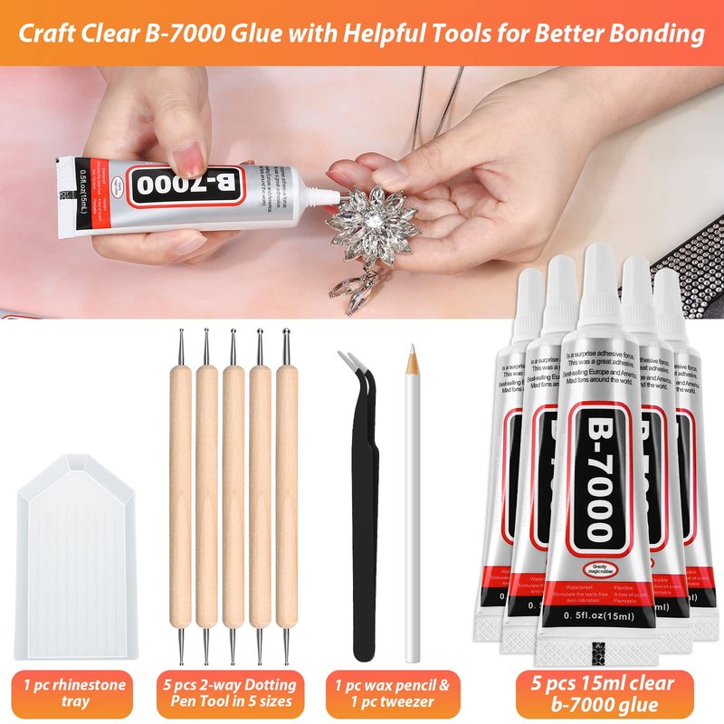 B7000 Clear Adhesive with Precision Tips, 5 PCS B-7000 Jewelry Bead Glue for Diamond Rhinestone Applicator Tools Set - Strength Adhesive for Nail Art DIY Crafts Clothes Shoes Bags
