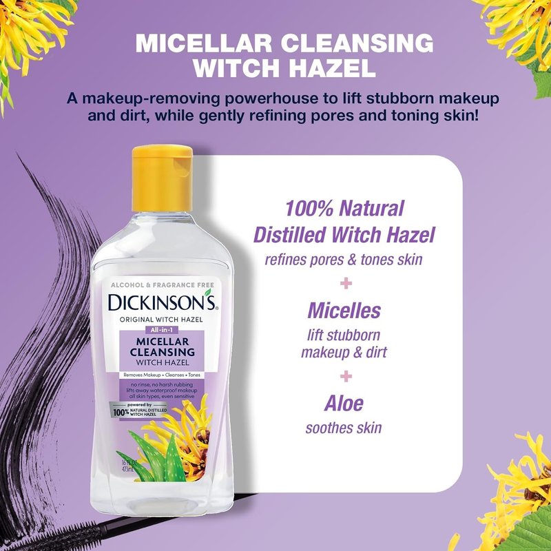 Dickinson's Micellar Cleansing Witch Hazel - All-in-One Makeup Remover & Pore Refiner | Alcohol-Free, 16oz