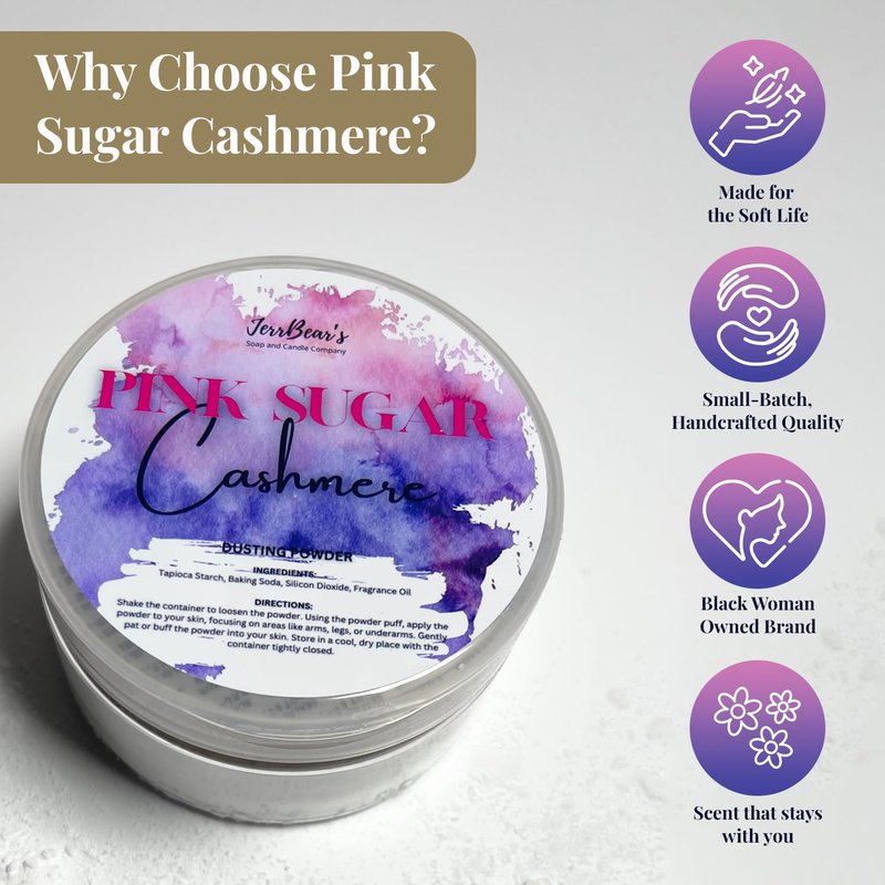JerrBear’s Pink Sugar Cashmere Dusting Powder, Talc Free Body Formula for Women, Soft Scented Skin Care, Gentle Powder for Daily Freshness, 4oz Jar