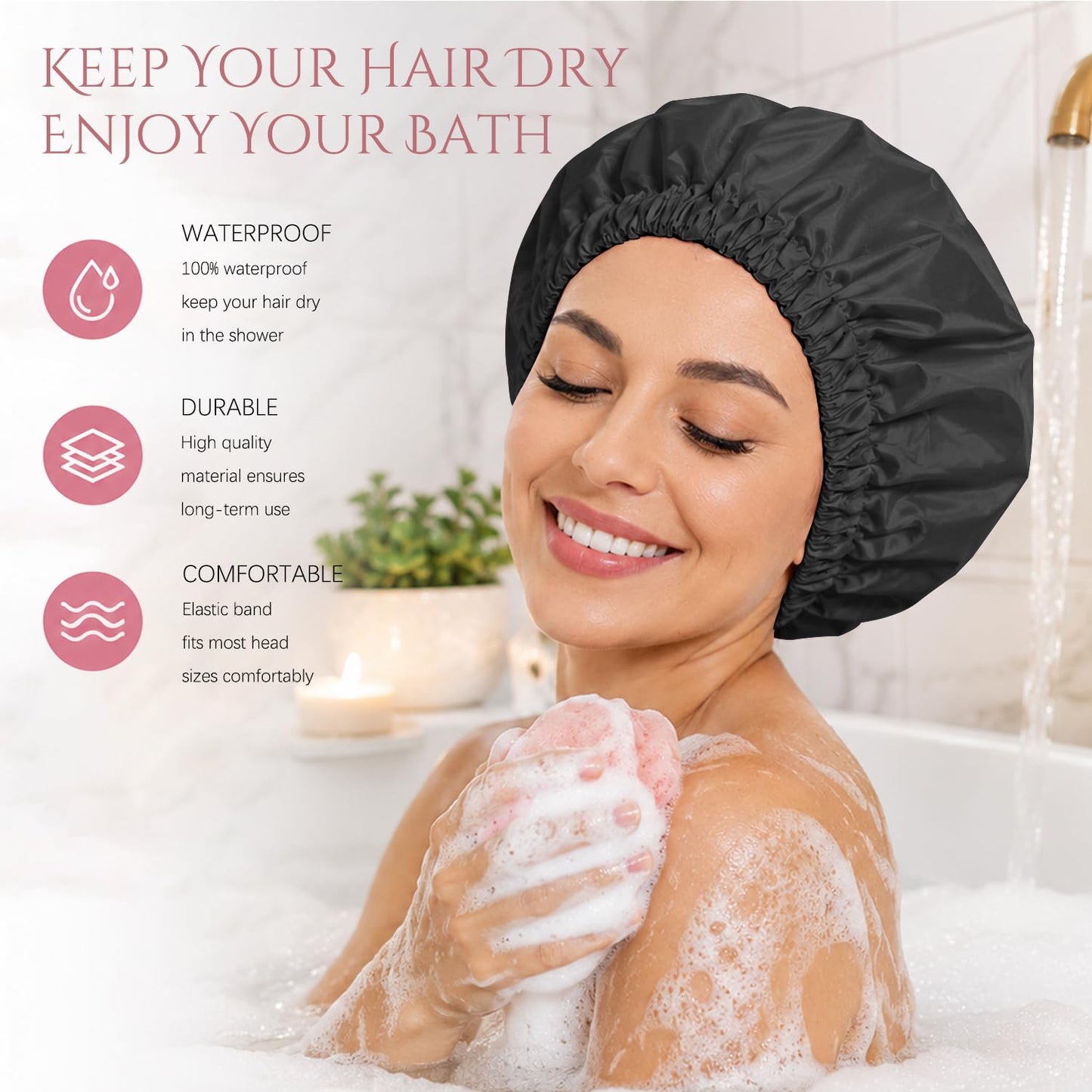 Shower Cap for Men, Reusable Waterproof Bath Cap with Soft Elastic Band, Double Layer Large Satin Lined Shower Hat for Curly Braids Long Hair, Washable Non-Slip Hair Cap(Black)
