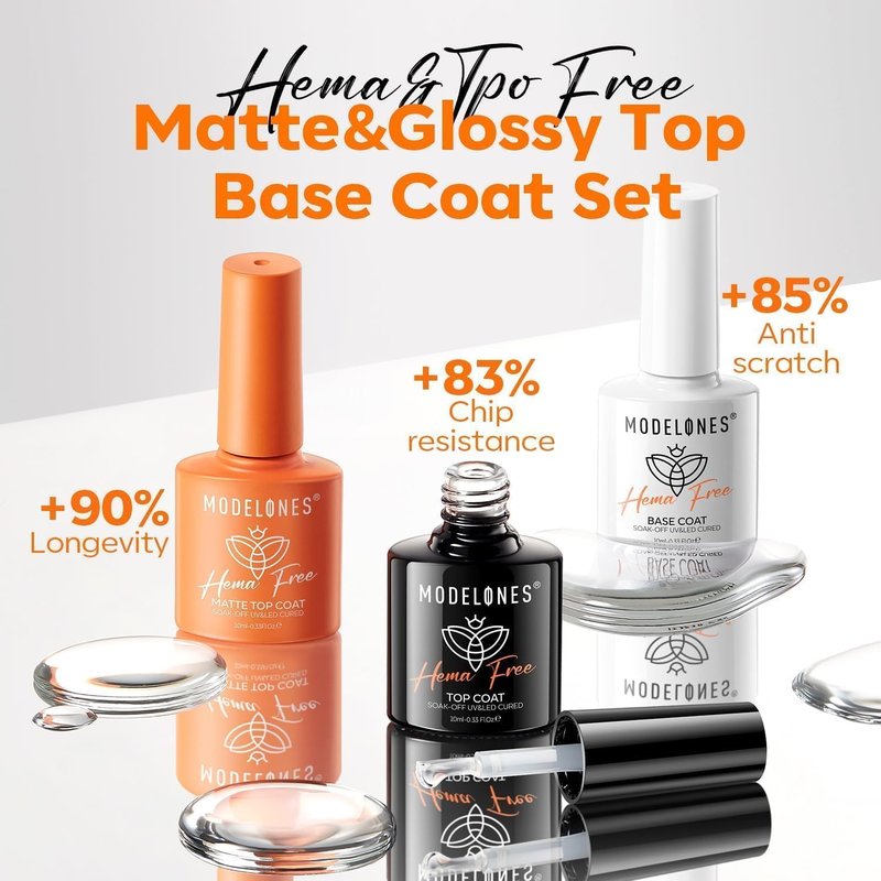 modelones Gel Base Top Coat Set with Matte Top Coat, 3 Pcs Hema Free Clear Glossy Velvet Base No Wipe Mattefor Summer Nail Polish Soak Off Lamp Art Home Salon Manicure