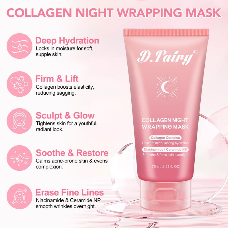 D.Fairy Collagen Overnight Wrapping Peel Off Facial Mask Pack - Collagen Night Wrapping Mask - Hydration Care - Reduces Sagging & Dullness - Hydrolyzed Collagen For Glowing Skin, 2.53 fl.oz