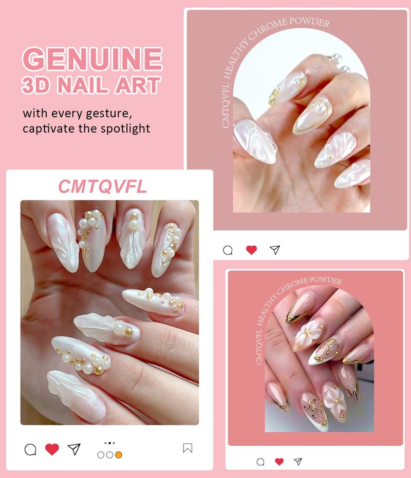 4 in 1 Upgrade 3D Gel Nail Gold Chrome Nail Powder【NO.1 -100% 3D Effect】20g No Wipe 3D Gel Nail Art Sculpture with Glitter Chrome Nail Powder for Home DIY Salon Gifts Women- White Gold