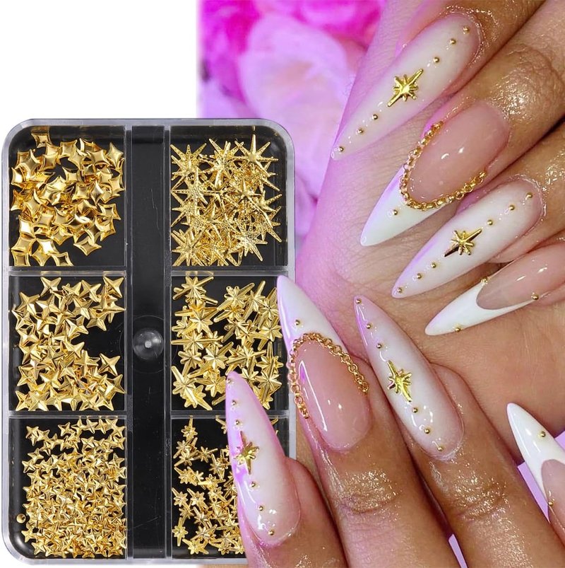 Gold Star Nail Charms - Twinkle Star Metal Studs & Rivets | 2 Boxes for Acrylic Nail Design
