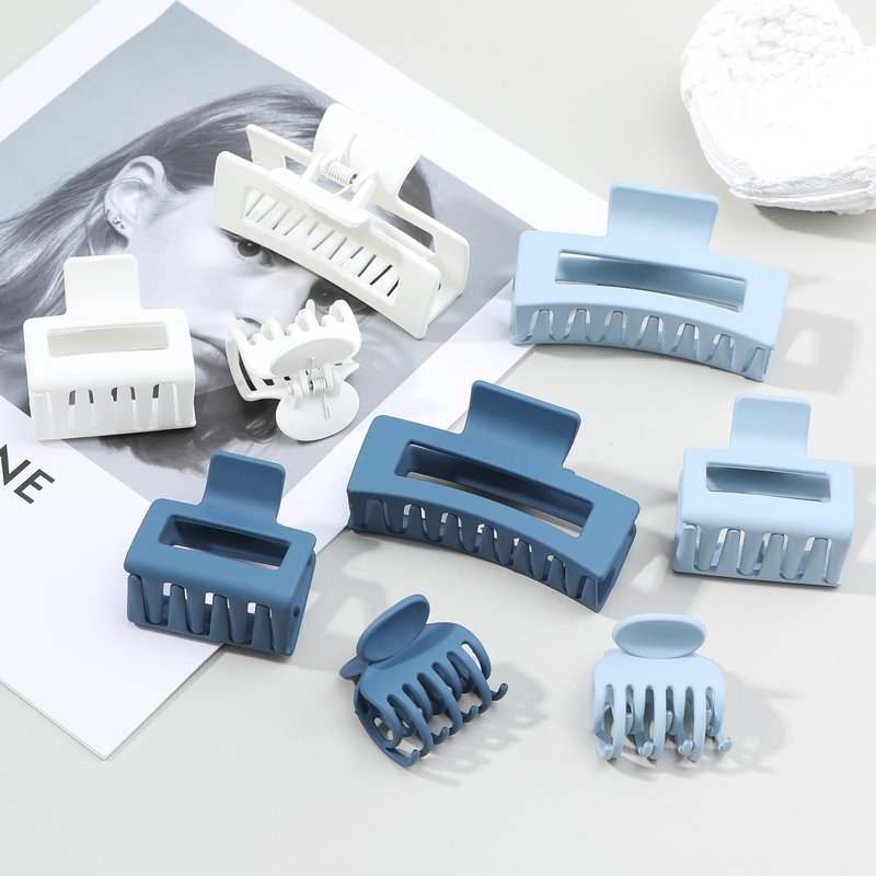 CHANDAT 3 Style Blue Hair Claw Clips Set - 9 pcs Medium Rectangle and Square Clips for Thick and Thin Hair Women's Accessories