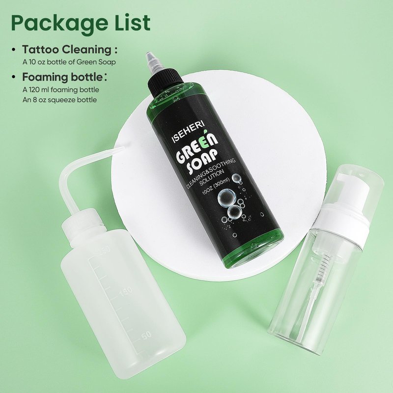 iseheri Ultra Concentrated Green Soap Tattoo (10 oz) with 120ml Foaming Bottle and 8 oz Squeeze Bottle – Tattoo Supplies for Tattoos, Piercings, Skin and Equipment Cleaning