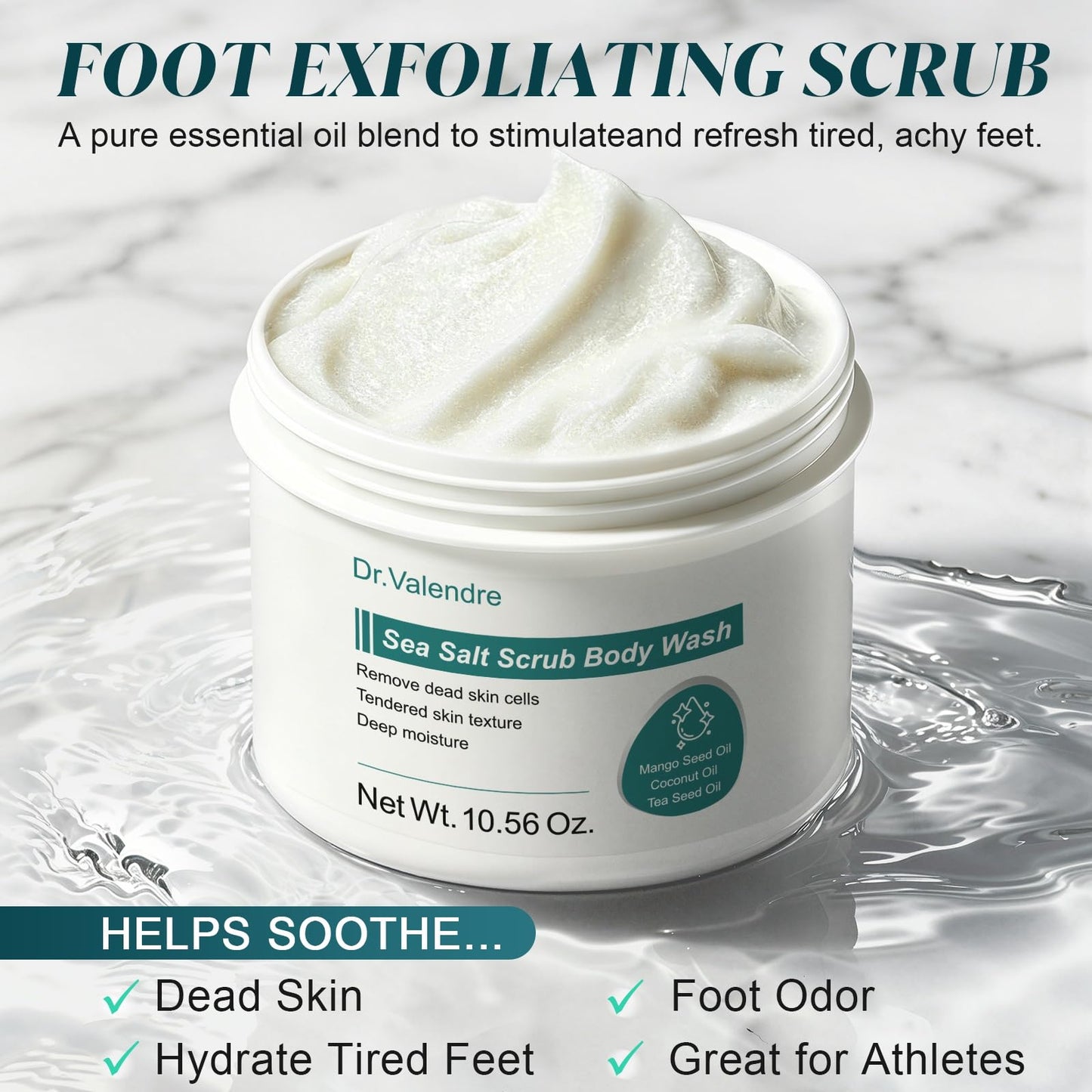 【Sea Salt Exfoliating Scrub】 – Foot Care Scrub for Dead Skin, Calluses & Cracked Heels – Gently Buffs Rough Dry Feet, Hydrating Foot Polish