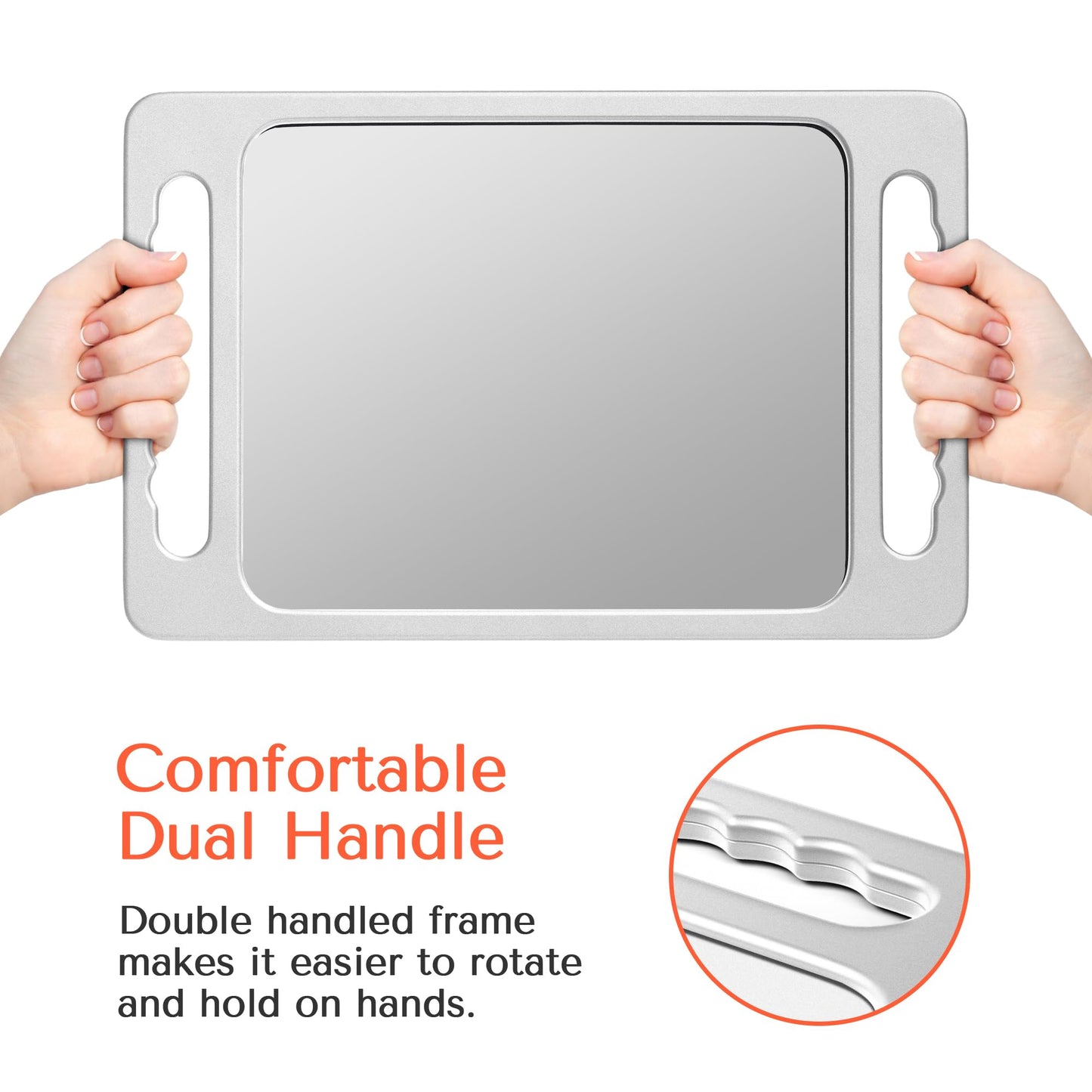 TASALON Unbreakable Hand Mirror with Double Handle- Large Handheld Barber Mirror for Hair and beauty Salon - Durable Hand Held Mirrors for barbershop - Haircut Mirror with Double Handgrip- Silver Gray