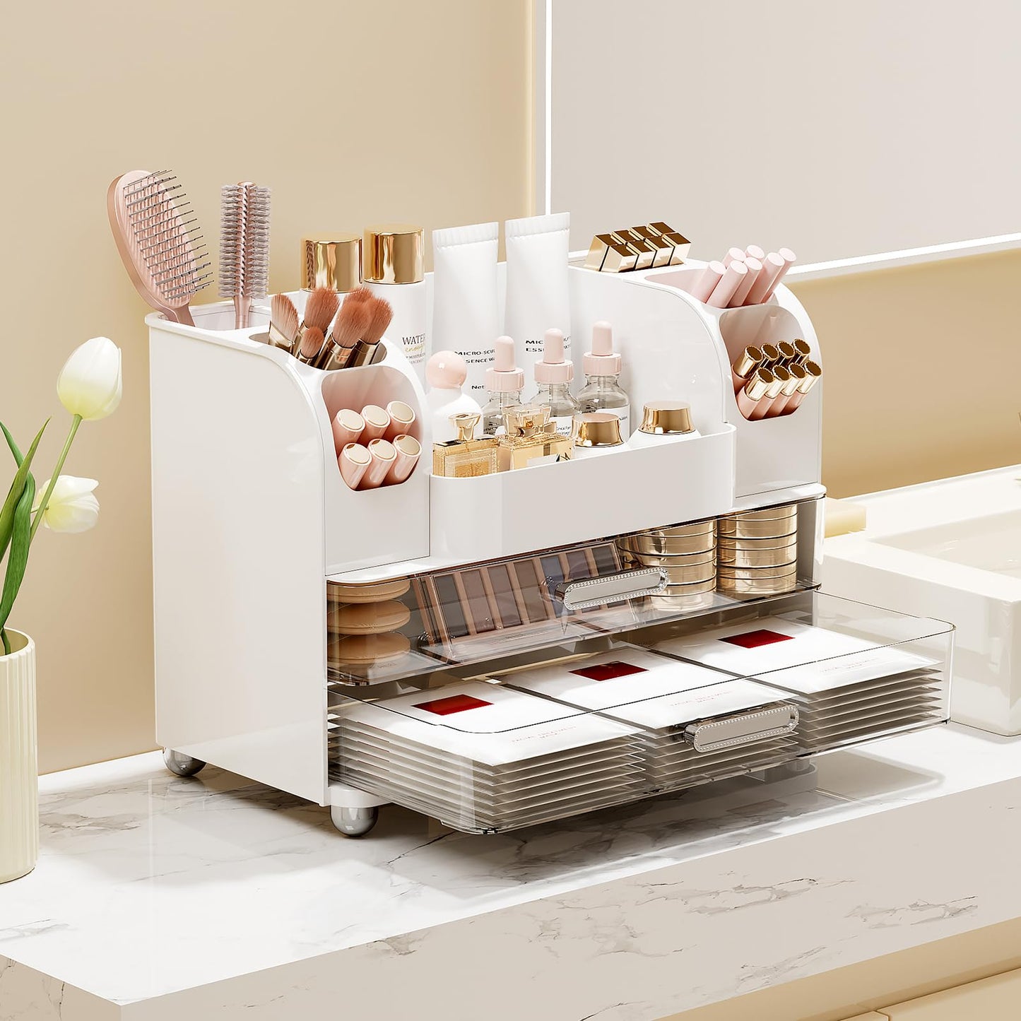 UFORU Makeup Organizer for Vanity with 2 Large Drawers, Cosmetic Display Case with Brush Holders, Easy to Storage for Bathroom Countertop Skincare, Perfume, White