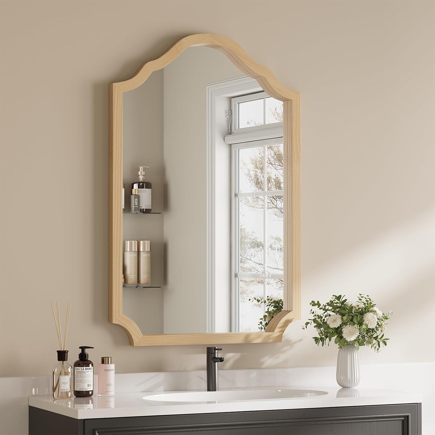 Wood Arched Mirror - Rustic 24x36 Inch Framed Wall Decor | Stylish Bathroom, Living Room, Entryway, or Bedroom Accent