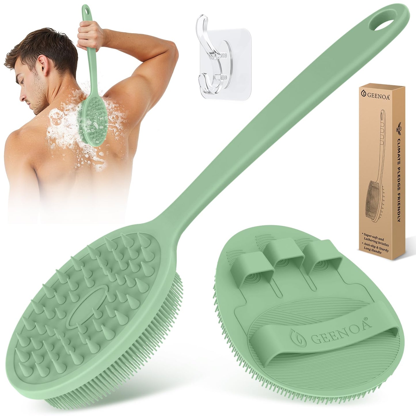 GEENOA Silicone Back Scrubber & Bath Glove Set 2PCS, 13.4'' Gentle Shower Back Scrubber with Dual-Side Head Non-Slip Handle, 360° Anti-Slip Hand-fit Bath Glove for Rich Foaming Deep Cleaning(Green)