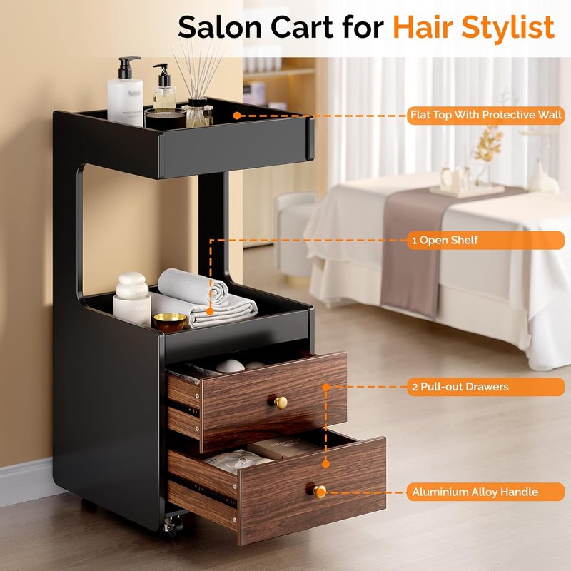OmySalon Salon Trolley Cart - Mobile Esthetician Storage with Wheels | 2 Drawers, Open Shelf, Black Walnut