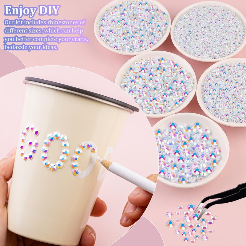 25000 Pcs Resin Rhinestones - White AB Flatback Gems for DIY Craft | 2-6mm Mixed Sizes, Includes Glue