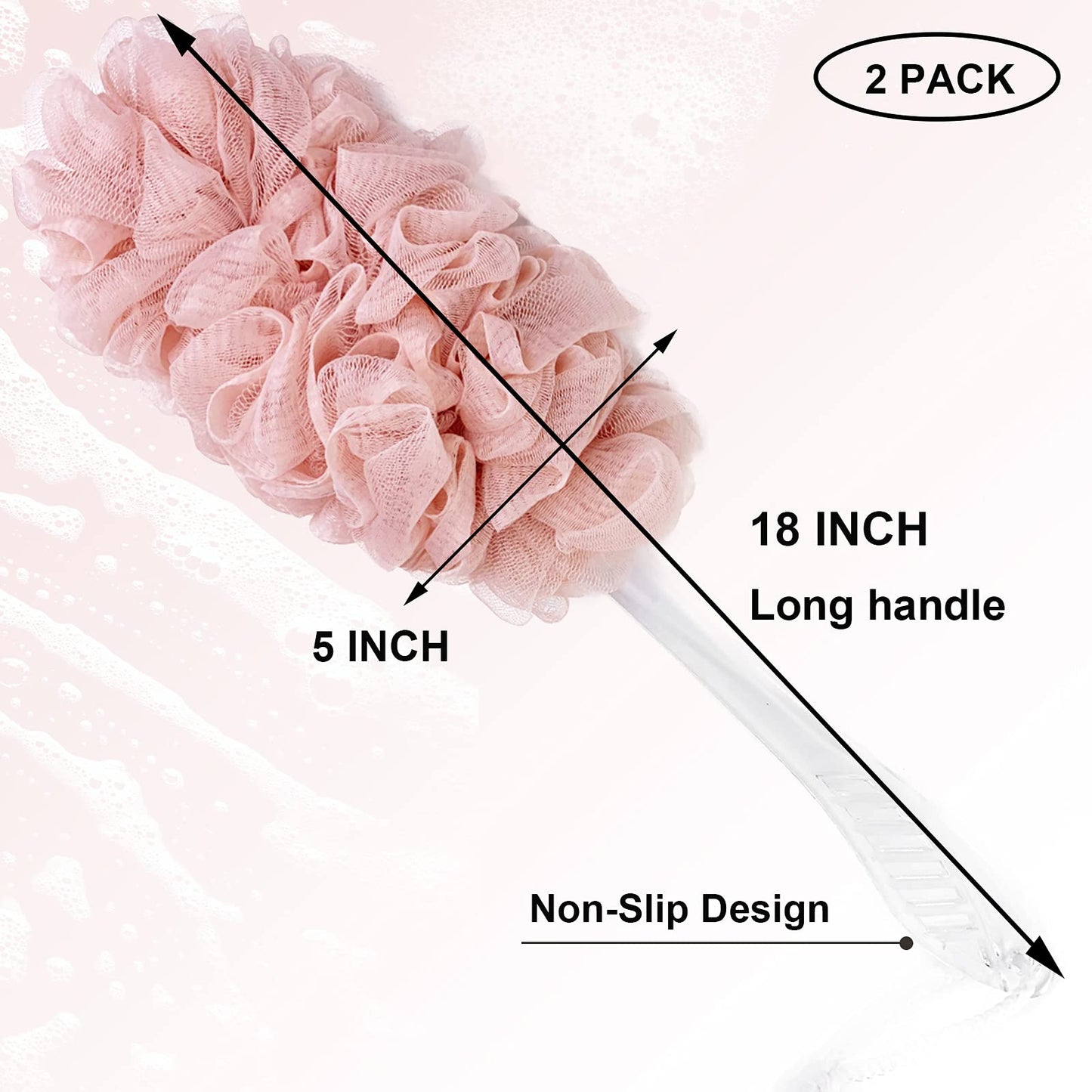 PPHAO - Back Loofah on a Stick for Men - Bath Brush Long Handle for Shower Elderly - Loofah Sponge for Women - Plastic Loofah - Bath Body Brush - Pink Loofah - 2Pack