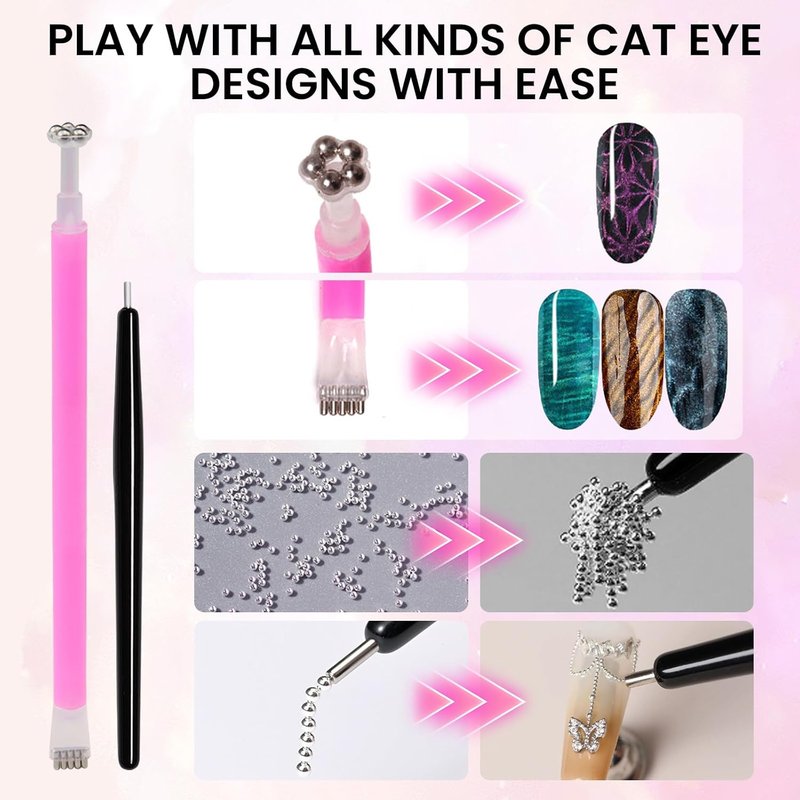37 PCS Cat Eye Magnet Set, 6 In 1 Nail Polish Magnets for Nail Polish Gel, Hearts Flowers Magnets for Nails, Nail Art DIY Design Supplies for Home, Salon