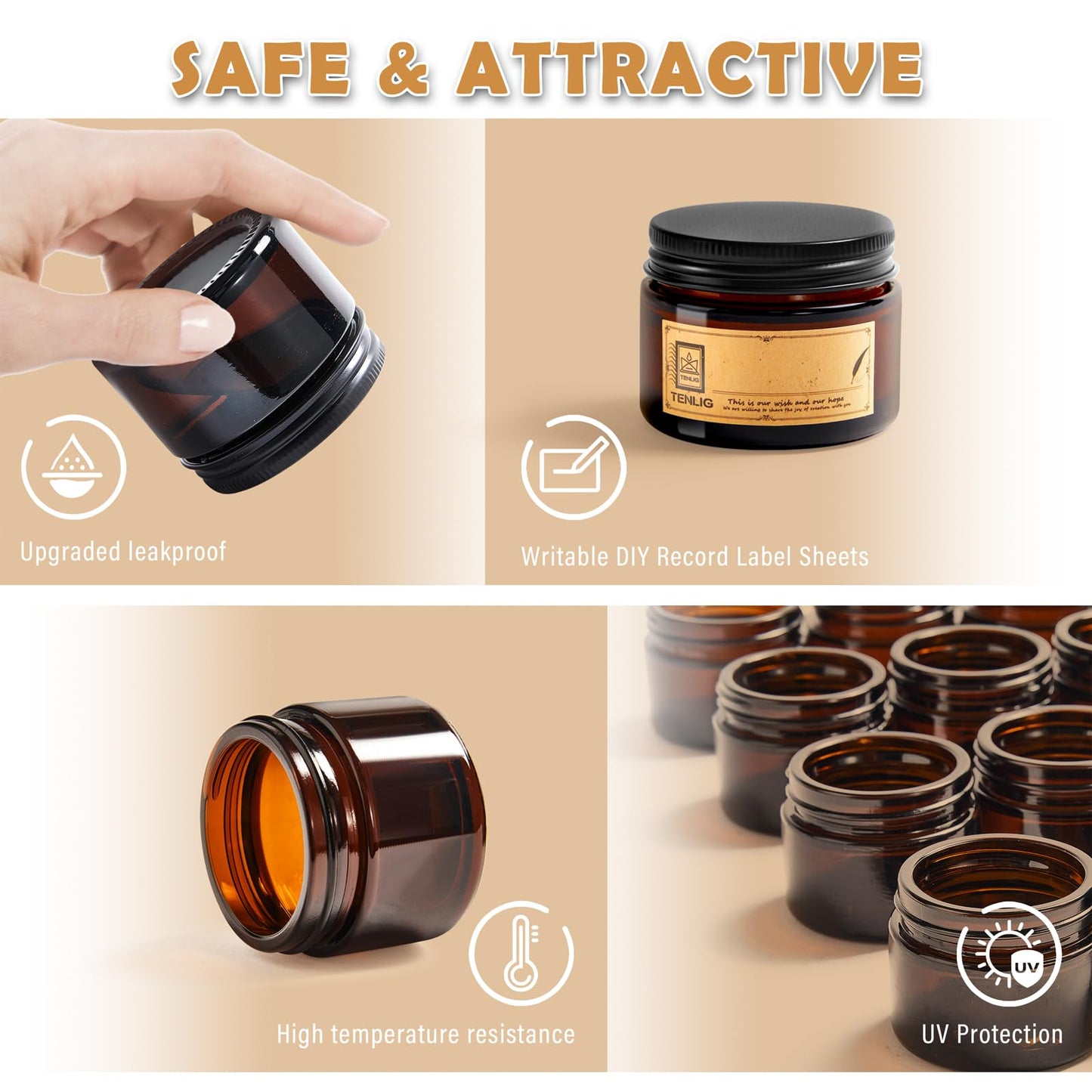 TENLIG 1.75 oz Glass Jars with Lids,Amber,12 Pack Empty Cosmetic Containers with Inner Liners,Black Metal Lid,Refillable Round Airtight Jars,Use to store Lotion,Powders,Candle Making