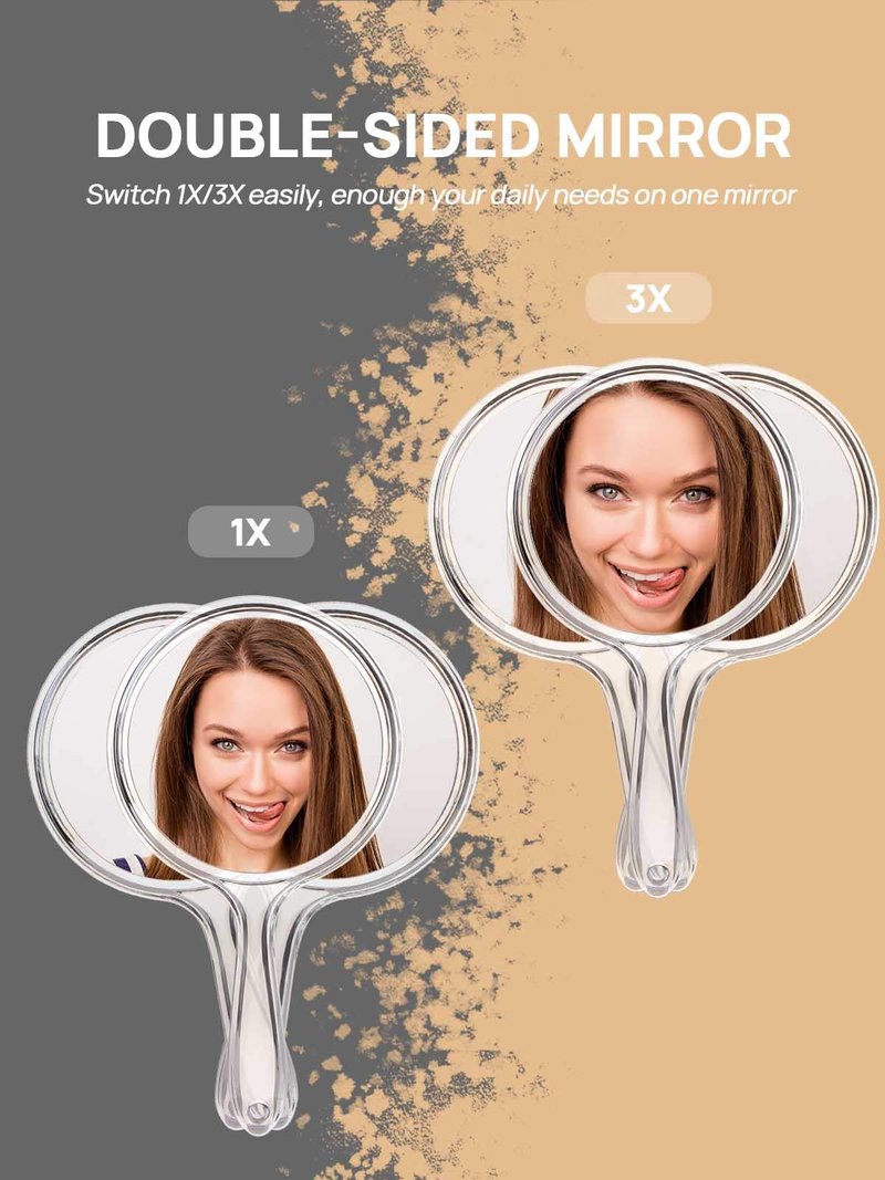 OMIRO Hand Mirror, Double-Sided Handheld Mirror 1X/3X Magnifying Mirror with Handle, Set of 3 (Clear)
