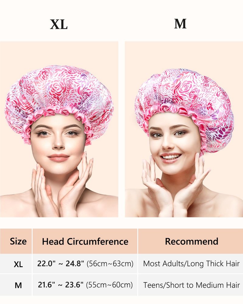 mikimini Medium Shower Cap for Women,Romantic Petal Design, Double Layer Waterproof, Reusable, Washable, High-quality, Floral Print