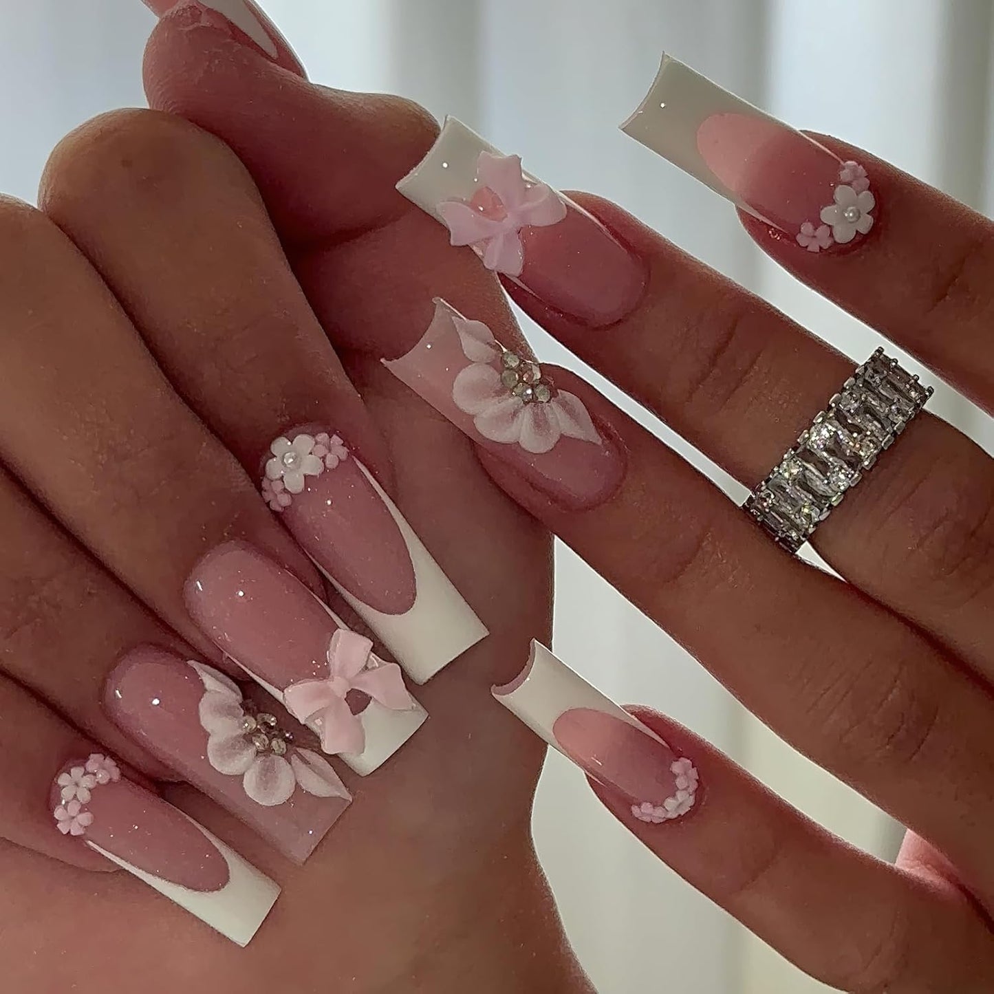 White French Tip Press-On Nails - Long Square Design with 3D Flowers & Rhinestones | Reusable Nude Pink Full Cover, 24 Pcs