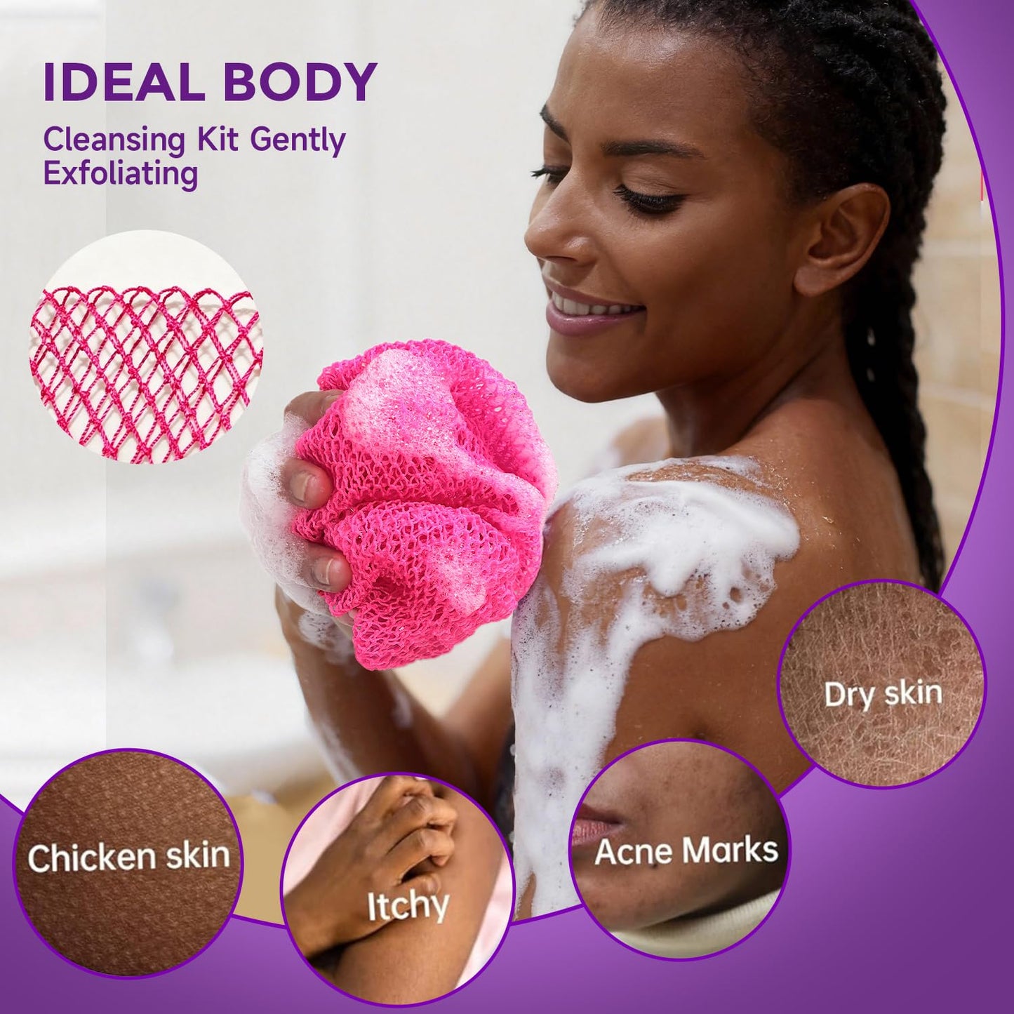 2 Pieces African Net Sponge Authentic, Durable Back Scrubber Washcloth for Shower, Exfoliating Net Sponge for All Skin, Bathing Accessories for Women (2 Pack (Pink and Purple))