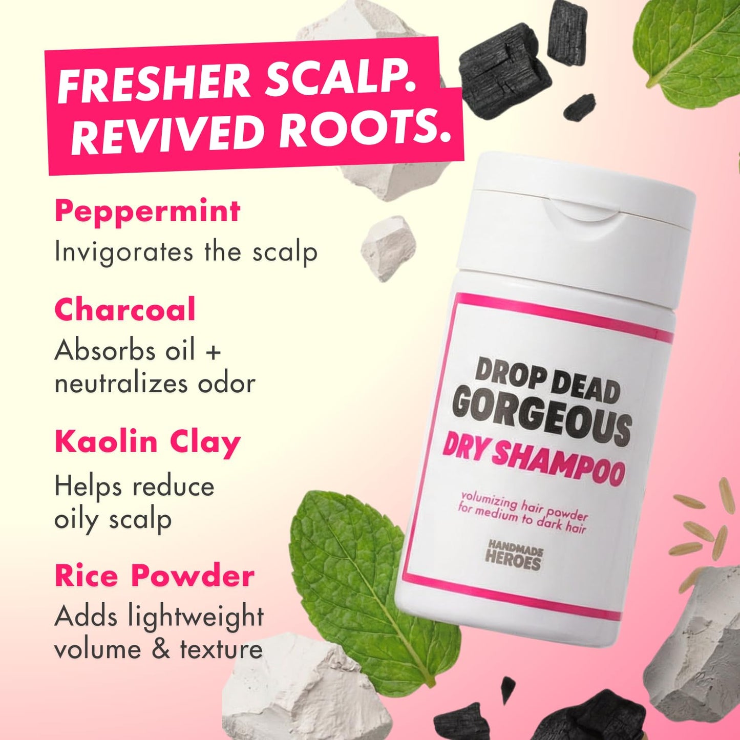 Handmade Heroes Drop Dead Gorgeous Non Aerosol Dry Shampoo Powder 1.8oz - 100% Natural & Vegan Volumizing Powder For Dark Brown Hair & Brunette Hair - Travel Size Haircare for Women