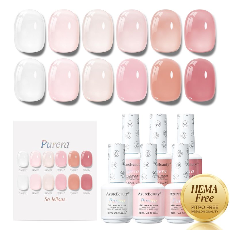 AZUREBEAUTY 6 Colors 15ml HEMA Free Jelly Purera Gel Nail Polish Set, Same Color Bottles, Soak Off UV LED Gel Polish Kit Nail Art for DIY at Home Manicure Salon Gifts, Milky White Pink Neutral Sheer