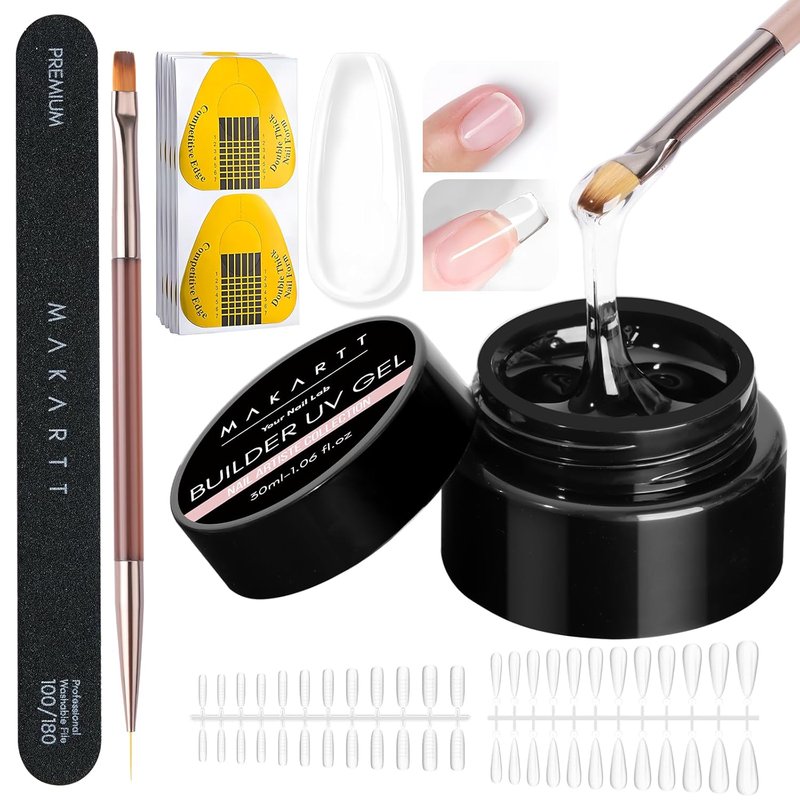 Makartt Clear Gel Builder Kit - Self-Levelling Hard Gels for Nail Strengthening | 1.06 oz, Includes Forms & Brush