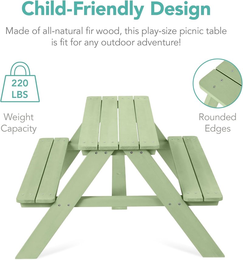 Best Choice Products Wooden Kids Picnic Table - Outdoor Activity Set with Umbrella & Built-In Benches, Sage Color