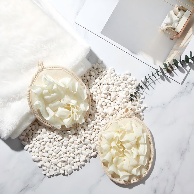 Boao 3 Pcs Bath Shower Pouf Sponge Mesh Pouf Shower Ball Exfoliating Body Sponge Pad Scrubber Glove with Flower Bath Ball (Beige)