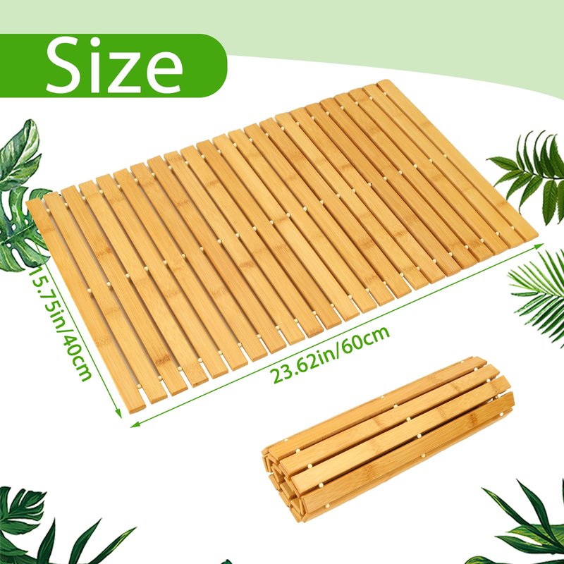 QTLCOHD 2 Pcs Bamboo Bath Mat - 24 x 16 Inch Non Slip Foldable Waterproof Wood Shower Mat for Bathroom, Floor, Bathtub, Toilet, Sauna, Hot Tub