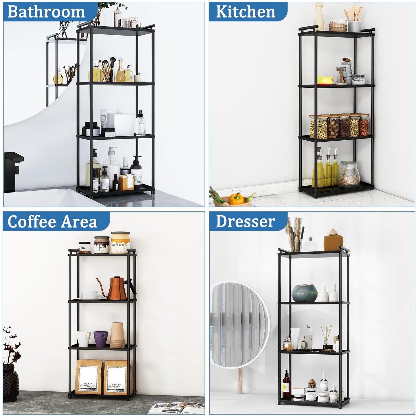 VOTZAAQ Matte Black 4 Tier Bathroom Organizer Countertop, Stainless Steel Perfume Tray and Vanity Countertop Shelf, Makeup Skin Care Bathroom Organizers and Storage for Dresser, Kitchen