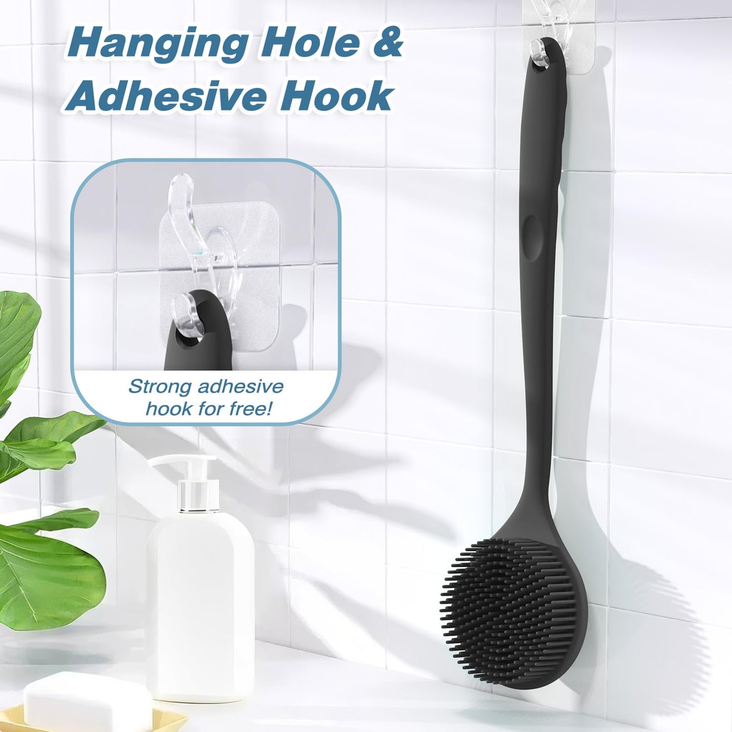 Manmihealth Silicone Back Scrubber for Shower(Thick Bristles), Body Scrubber with 15'' Long Handle, Light & Easy-to-Hold Shower Brush for Skin Exfoliating and Massaging, Not Good in Lathering.(Black)
