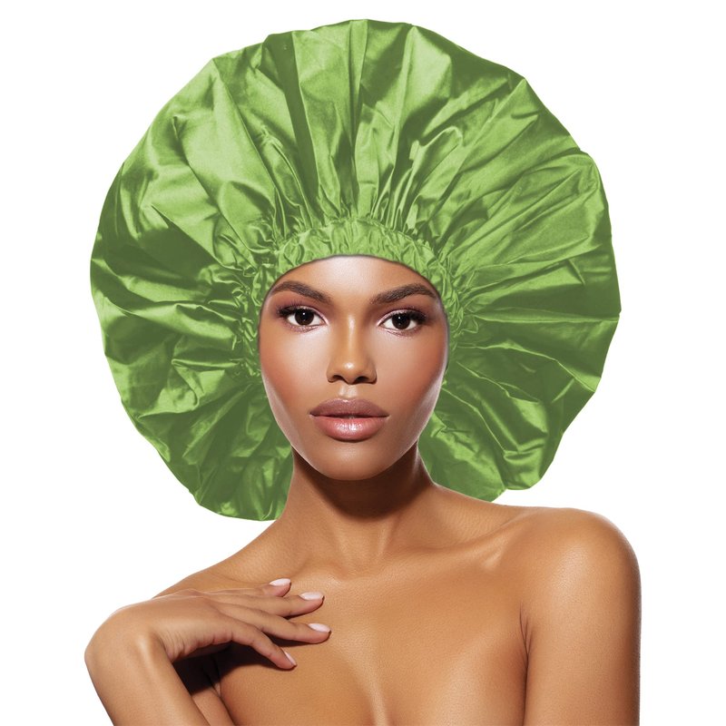 DONNA Shower & Conditioning Silky Satin Cap Waterproof Bath Caps Plastic Reusable Shower Caps Elastic Band Bath Hair Hat Stocking Stuffers for Women, 1PC SAGE COLOR JUMBO SIZE