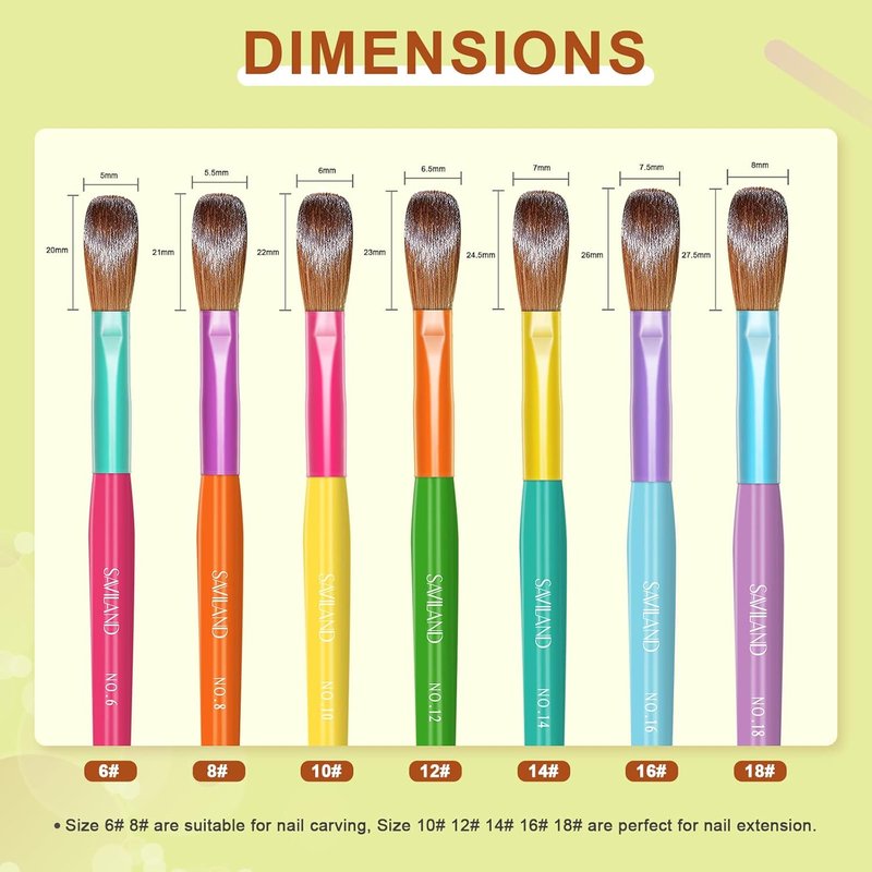 Acrylic Nail Brush Set - 7PCS Rainbow Wooden Handle Brushes for Acrylic Application | Sizes 6-18
