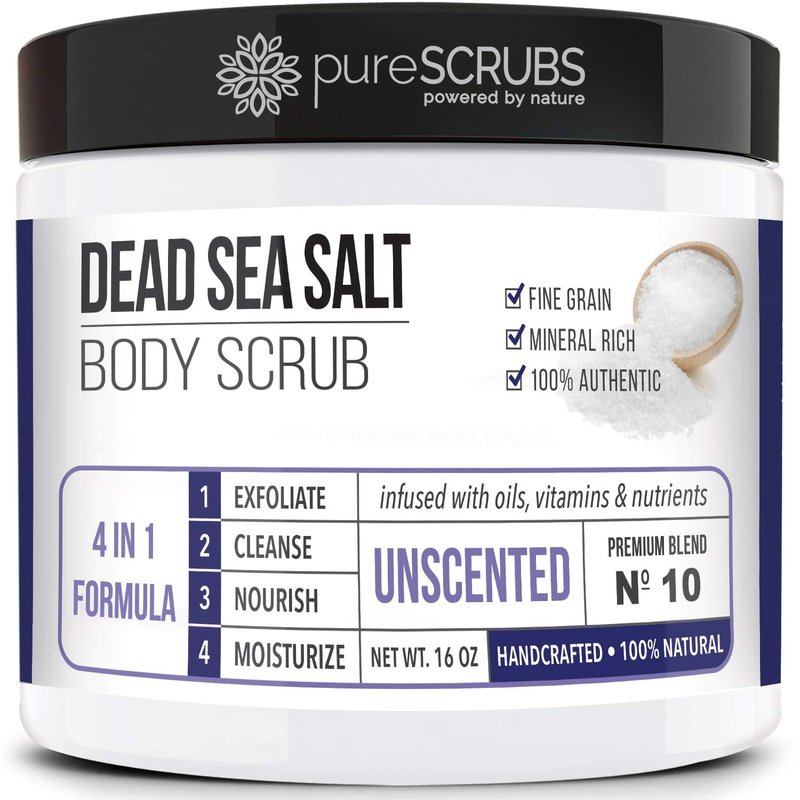 pureSCRUBS Premium Unscented Body Scrub Set - Large 16oz Dead Sea Salt Scrub, Sensitive Dry Skin Formula Includes Wooden Spoon, Loofah & Oatmeal Exfoliating Bar Soap - Spa Gift For Women