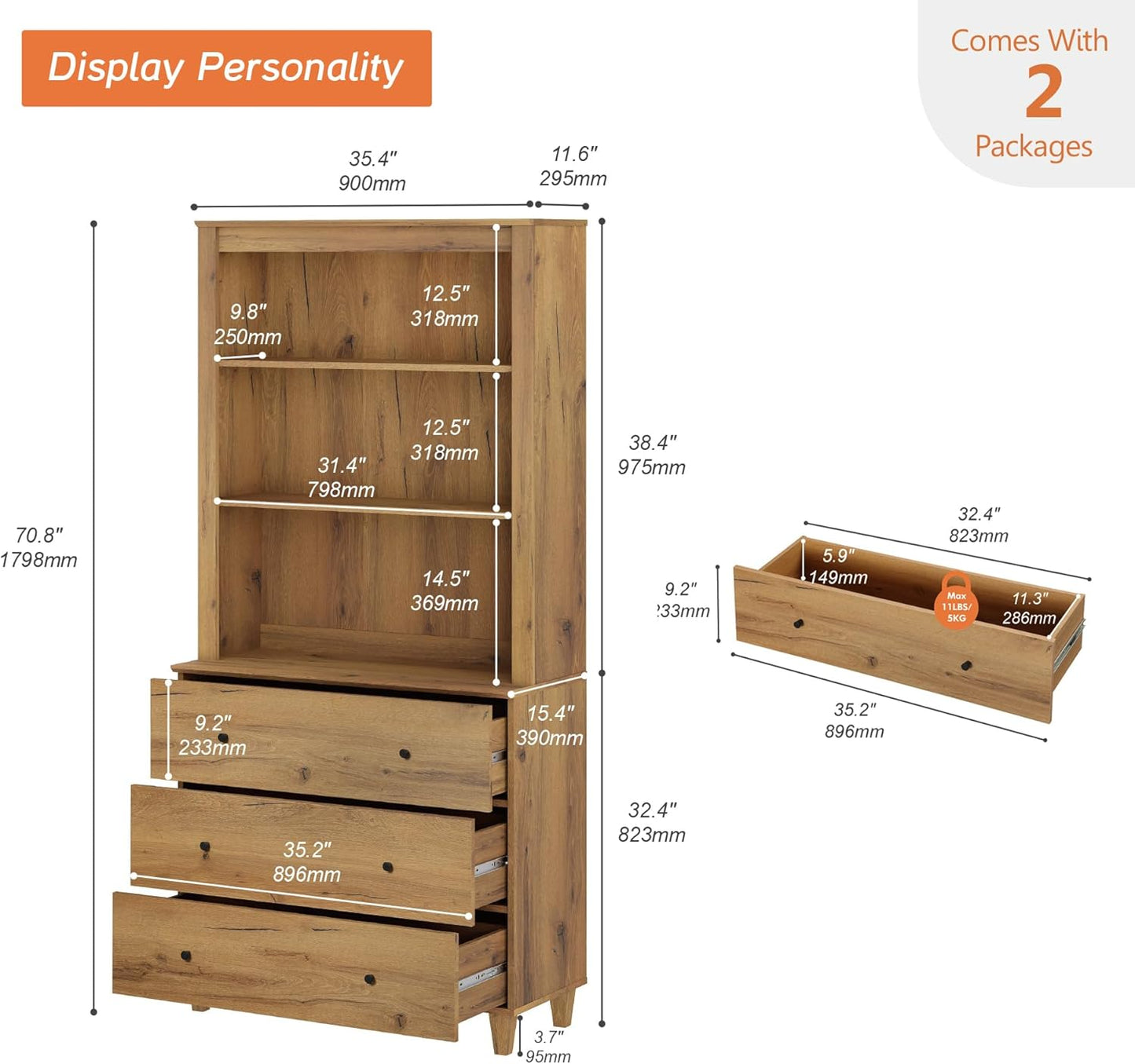 WAMPAT 71" Tall Bookcase - Modern 3-Tier Bookshelf with 3 Drawers & Adjustable Shelves | Oak Brown Finish