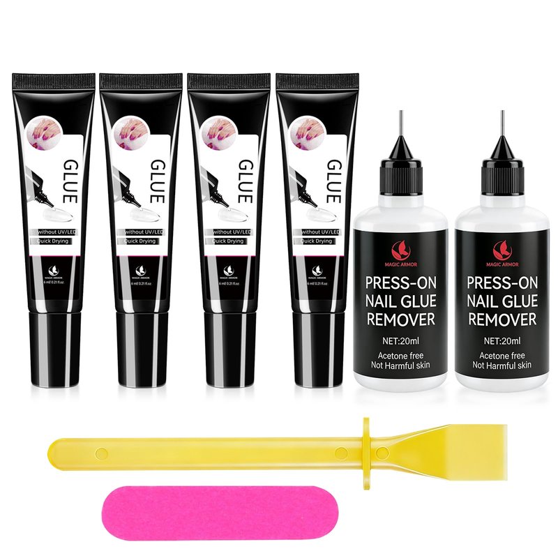 4 x 6g Nail Glue for Press On Nails with 2 x 20ml Nail Glue Remover and Tool, No UV Light Needed Semi Solid Nail Glue, Mini Tubes Quick Drying Gel Long Lasting for Fake Acrylic Nails