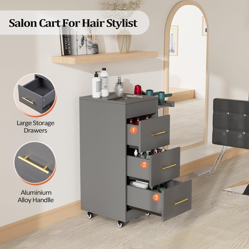 Salon Trolley Cart with Wheels, Wooden Hair Storage Cabinet, Stylist Cart Mobile Hairdressing Barber Station for Beauty Spa Barbershop, 3 Large Drawers, 3 Hot Tool Holders, Grey